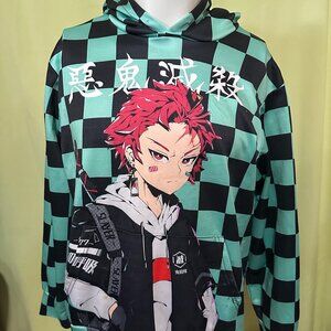 Demon Slayer Men's Green Black Checks Hoodie Sweater Size M-L Polyester